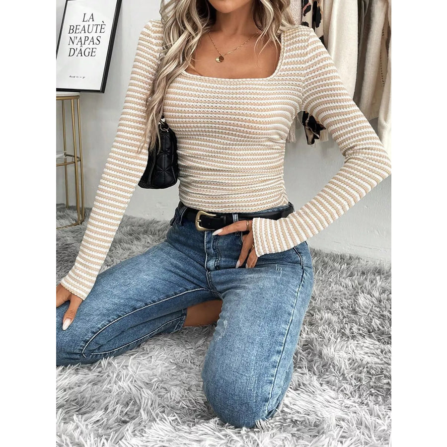 Striped Square Neck Long Sleeve T-Shirt Apparel and Accessories