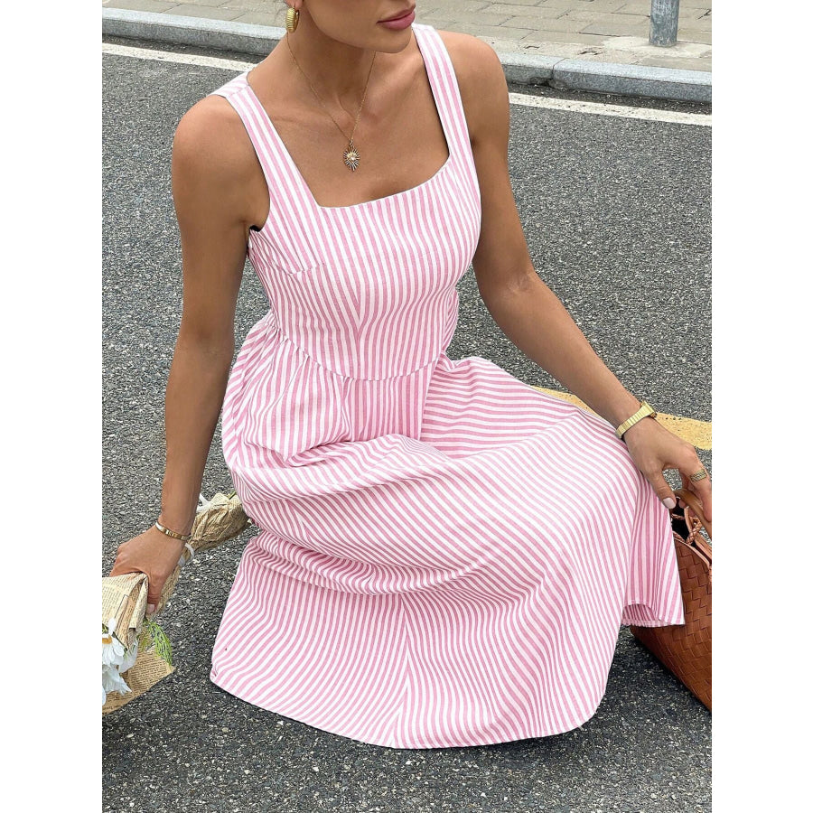 Striped Square Neck Midi Dress Apparel and Accessories