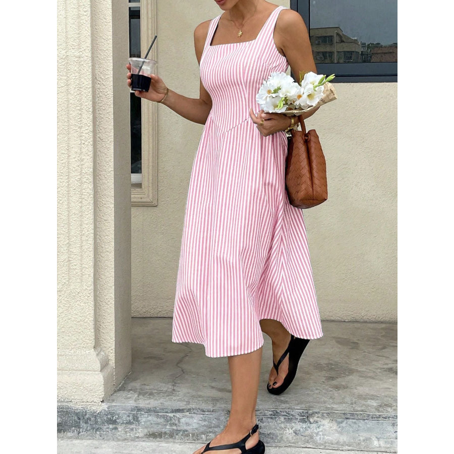 Striped Square Neck Midi Dress Apparel and Accessories