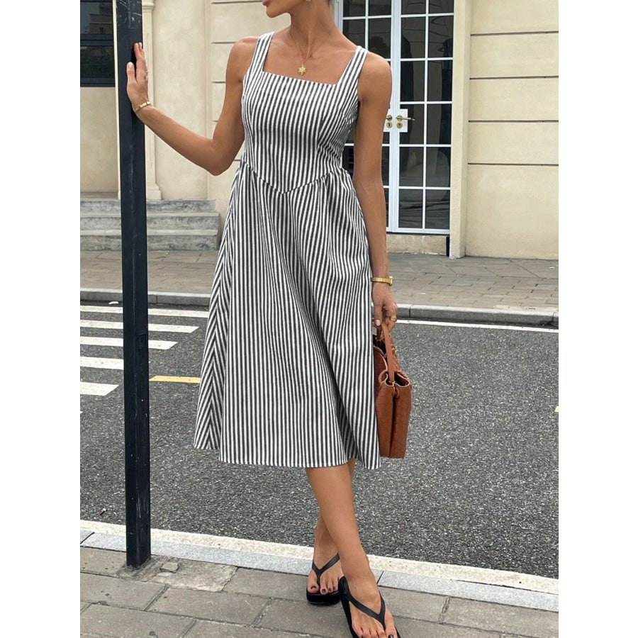 Striped Square Neck Midi Dress Black / S Apparel and Accessories