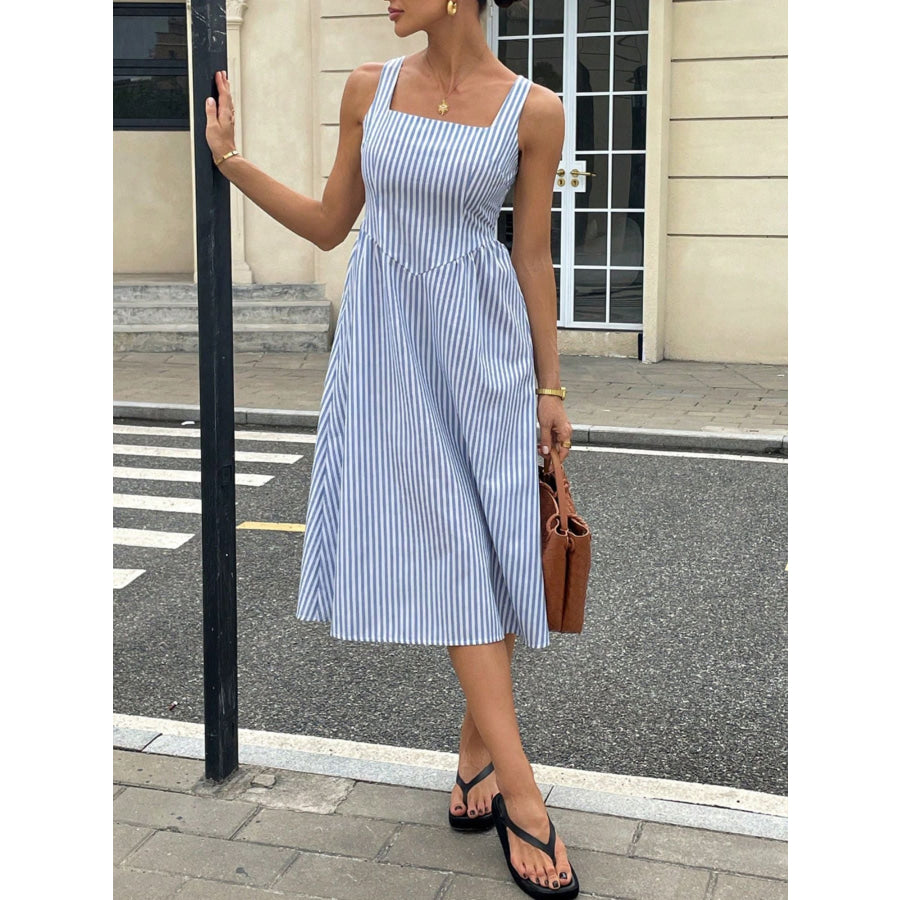 Striped Square Neck Midi Dress Blue / S Apparel and Accessories