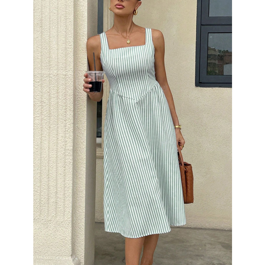 Striped Square Neck Midi Dress Green / S Apparel and Accessories