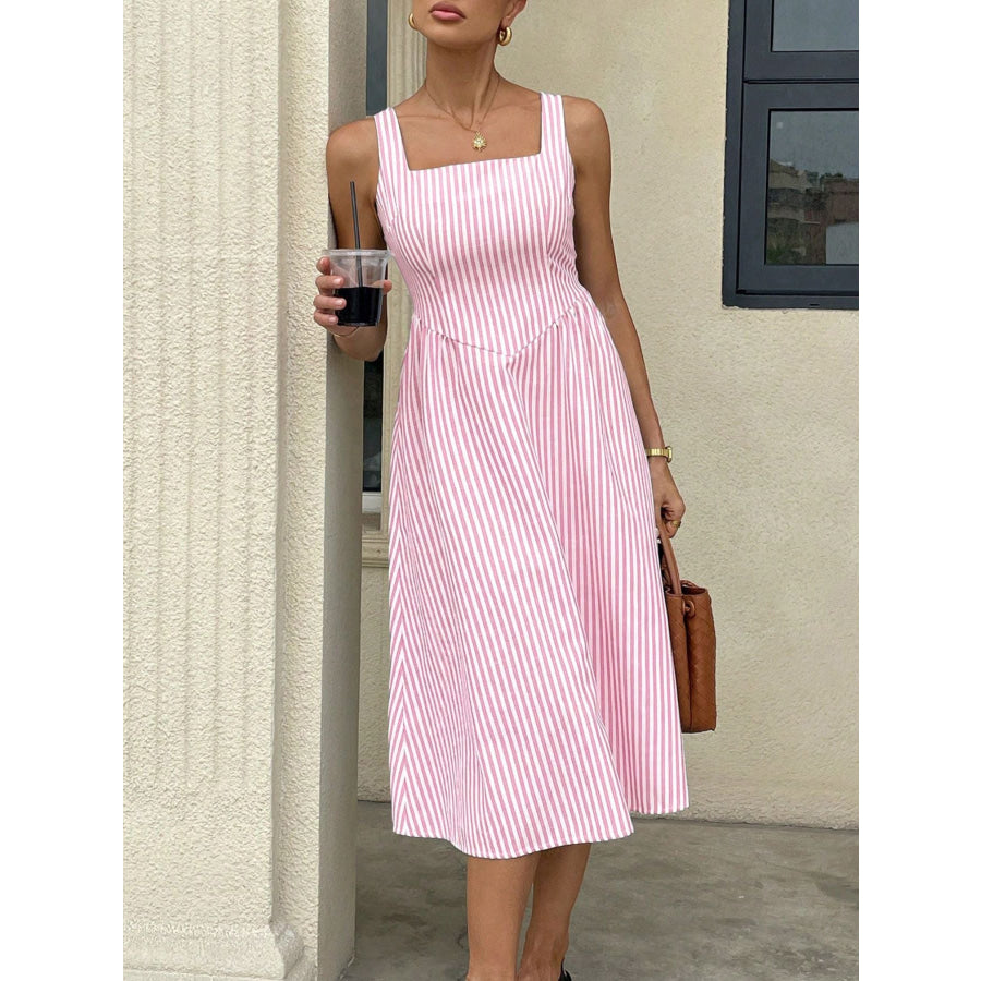 Striped Square Neck Midi Dress Pink / S Apparel and Accessories