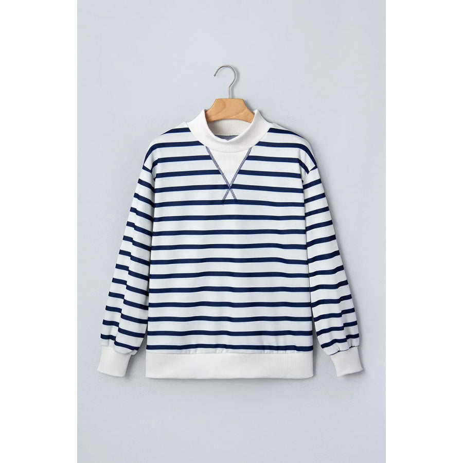 Striped Stand Neck Long Sleeve Ribbed Cuff Hem Sweatshirt Apparel and Accessories