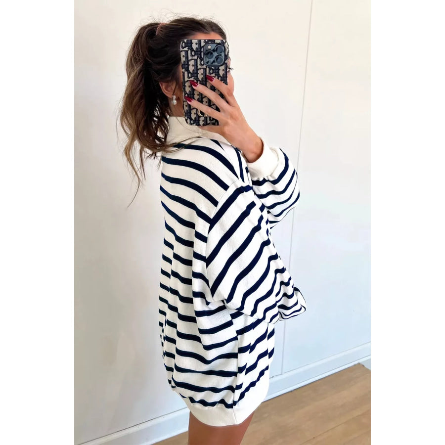 Striped Stand Neck Long Sleeve Ribbed Cuff Hem Sweatshirt Apparel and Accessories