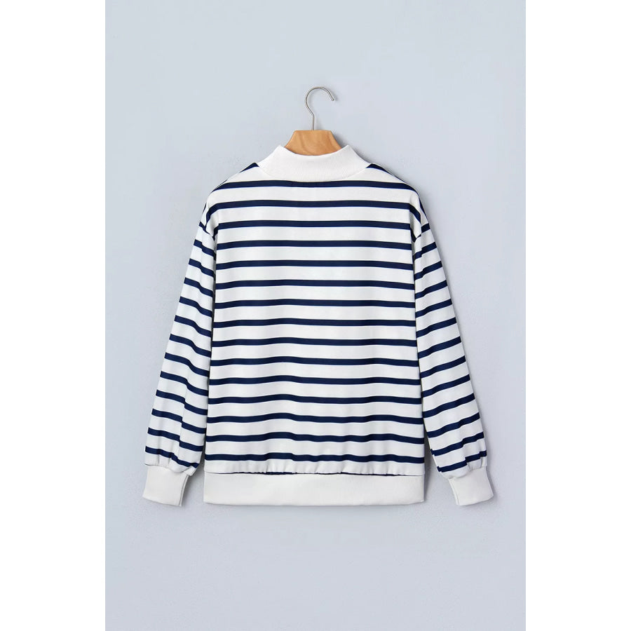 Striped Stand Neck Long Sleeve Ribbed Cuff Hem Sweatshirt Apparel and Accessories