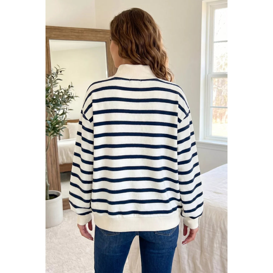 Striped Stand Neck Long Sleeve Ribbed Cuff Hem Sweatshirt Stripe / S Apparel and Accessories