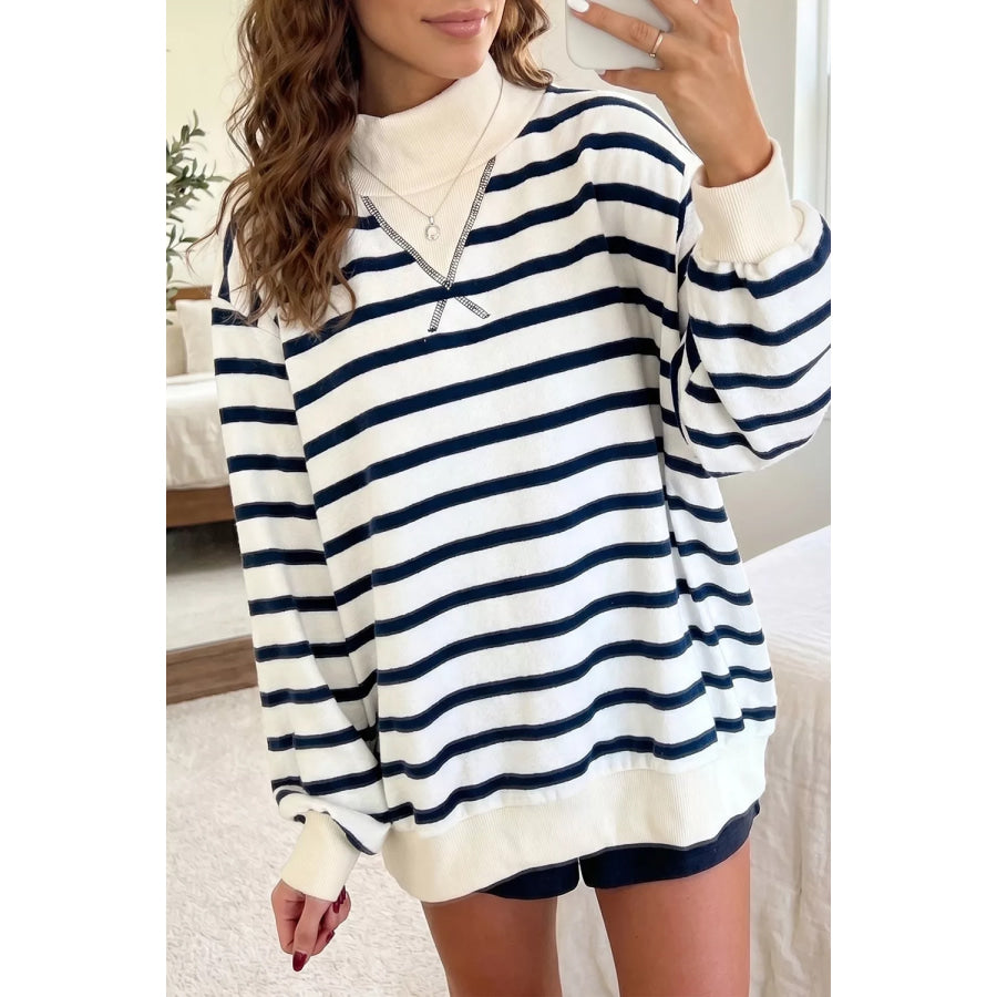 Striped Stand Neck Long Sleeve Ribbed Cuff Hem Sweatshirt Stripe / S Apparel and Accessories