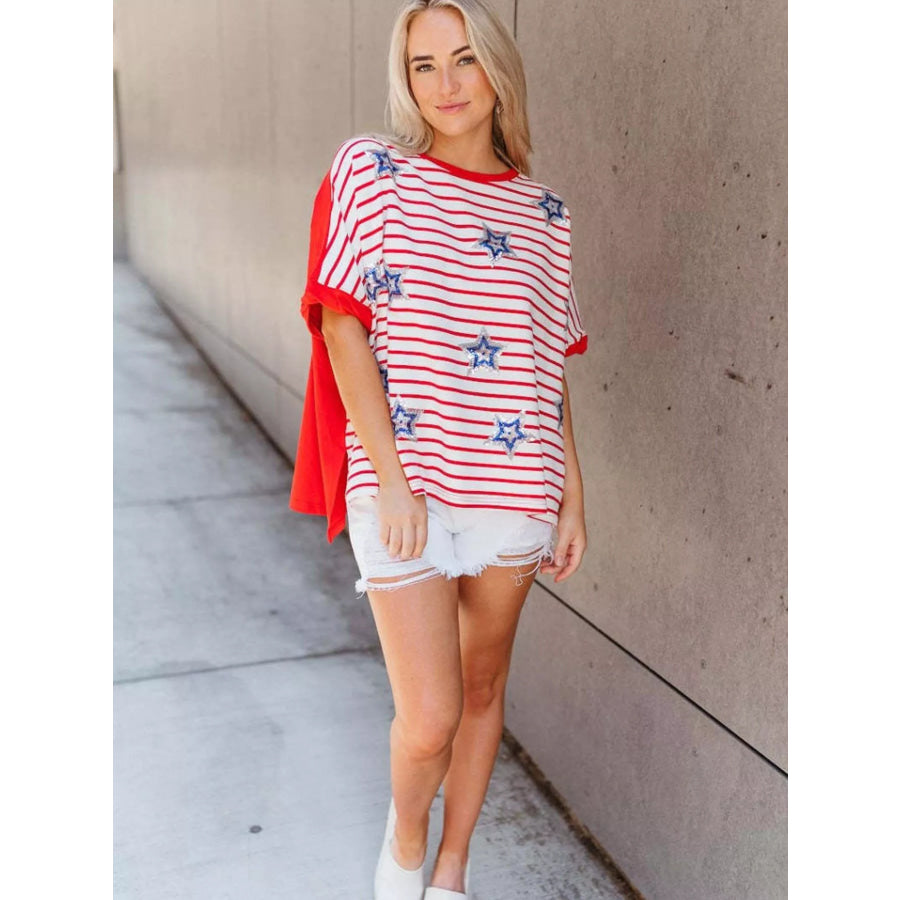 Striped Star Sequin Patriotic T-Shirt Red / S Apparel and Accessories