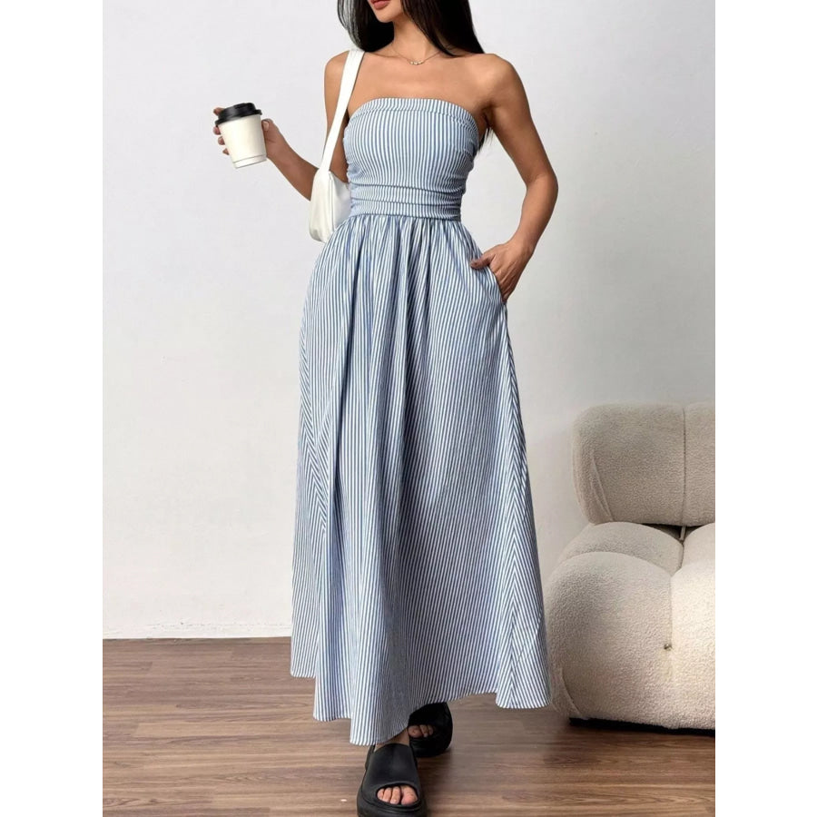 Striped Strapless Casual Maxi Dress Apparel and Accessories