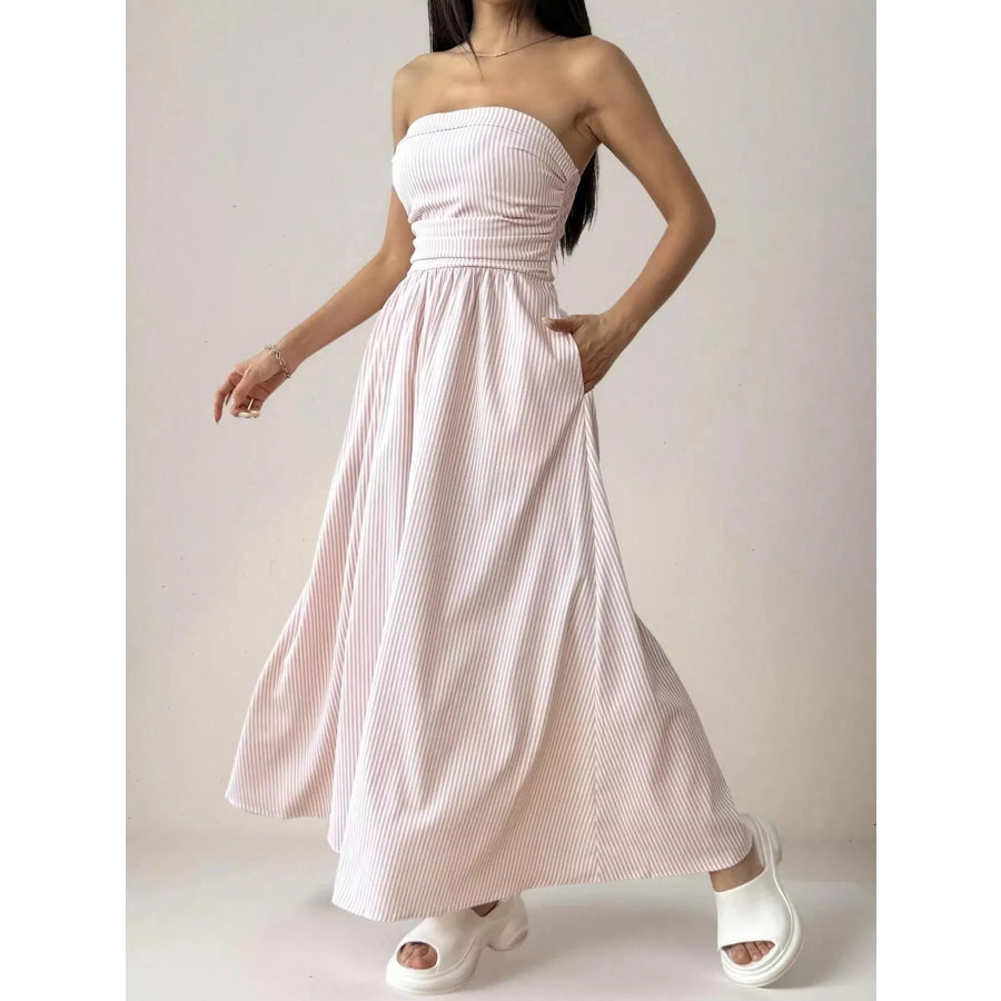 Striped Strapless Casual Maxi Dress Apparel and Accessories