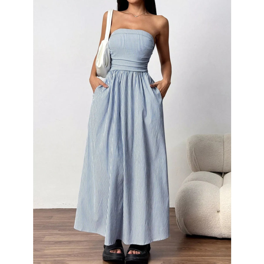Striped Strapless Casual Maxi Dress Blue / S Apparel and Accessories