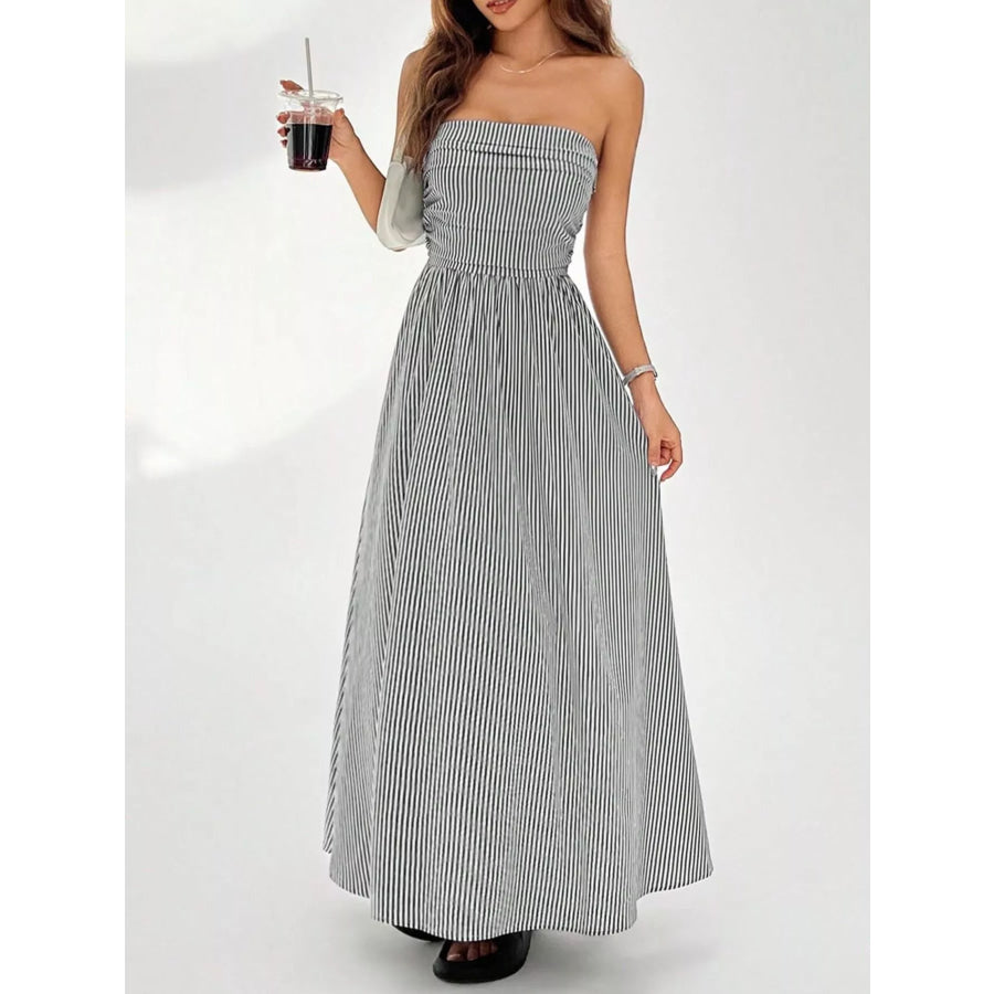 Striped Strapless Casual Maxi Dress Grey / S Apparel and Accessories