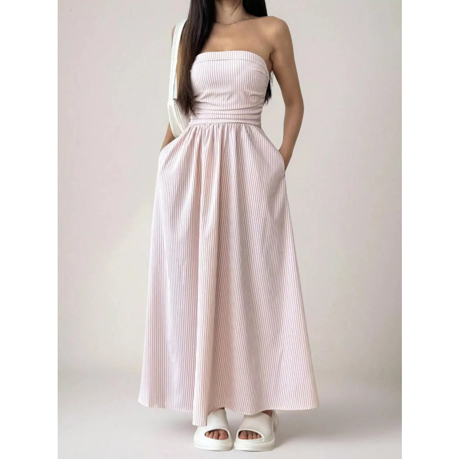 Striped Strapless Casual Maxi Dress Orange / S Apparel and Accessories