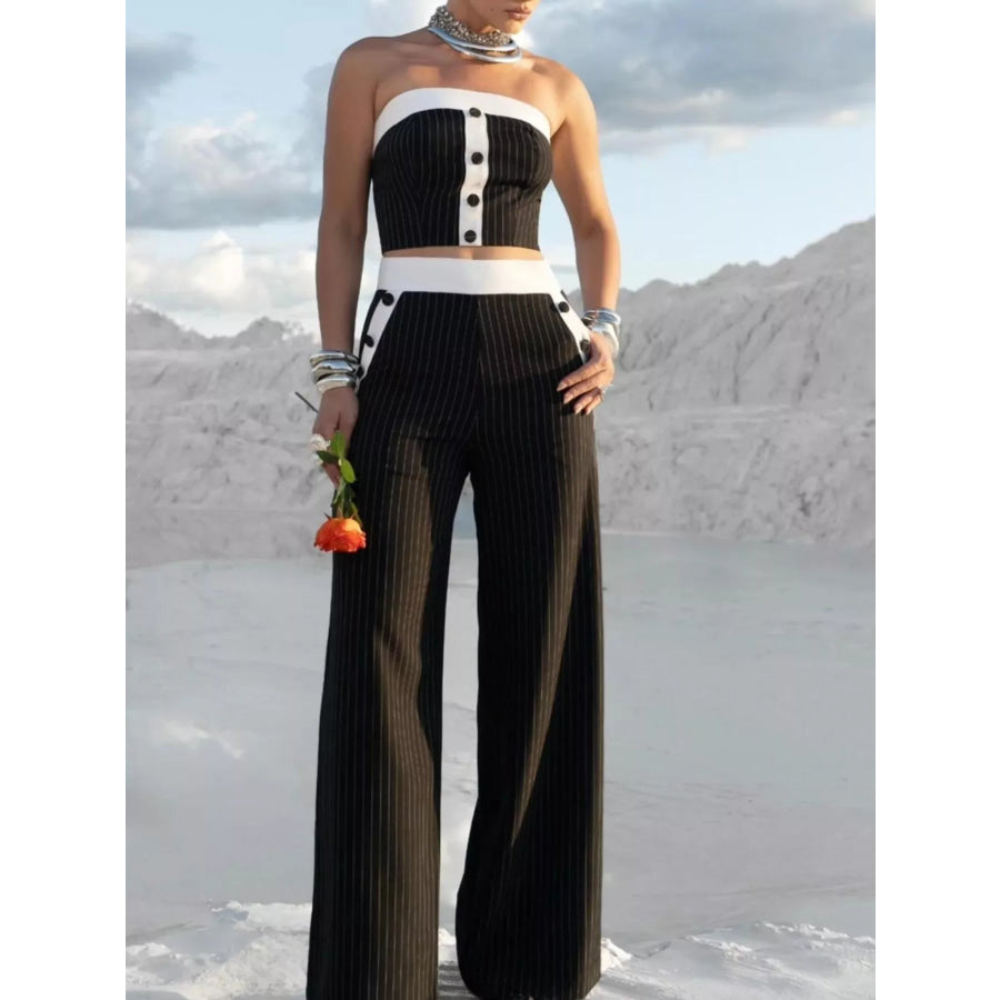 Striped Strapless Crop Top and Wide-Leg Pants Set Apparel and Accessories
