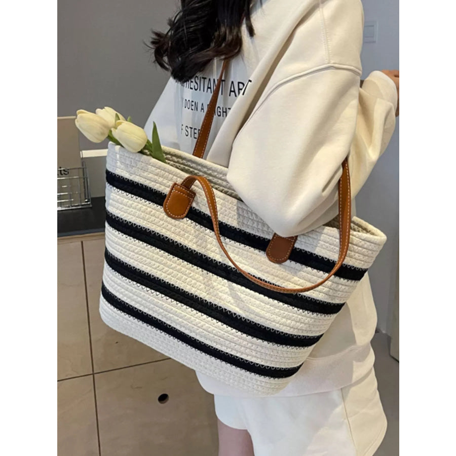 Striped Straw Tote Bag Beige / onesize Apparel and Accessories