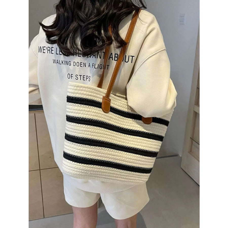 Striped Straw Tote Bag Beige / onesize Apparel and Accessories