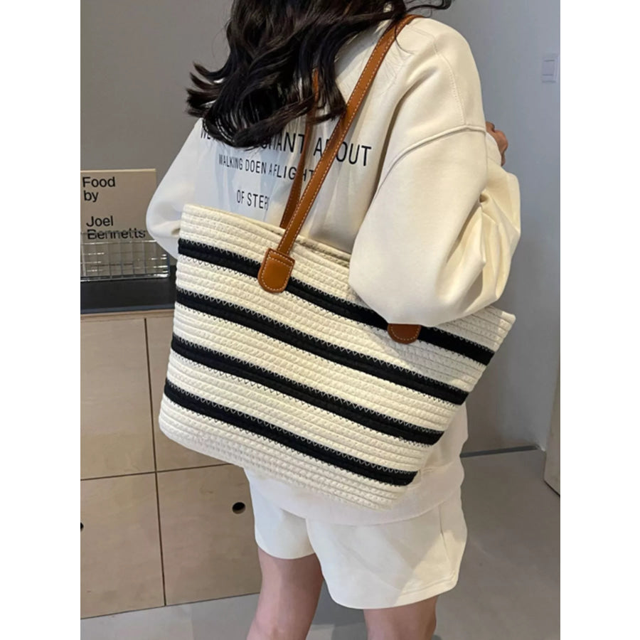 Striped Straw Tote Bag Beige / onesize Apparel and Accessories