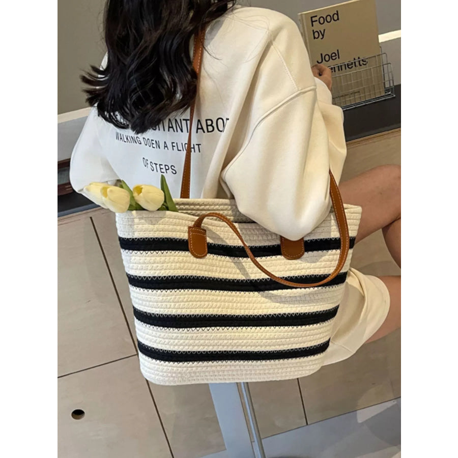 Striped Straw Tote Bag Beige / onesize Apparel and Accessories