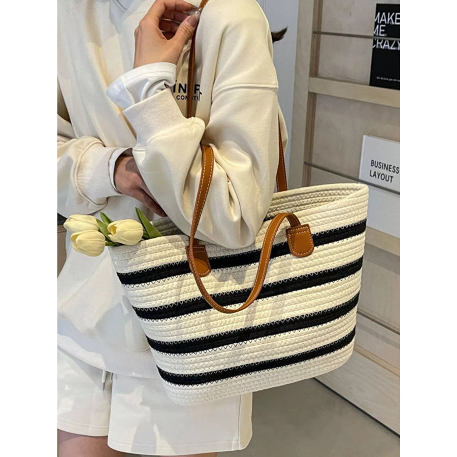 Striped Straw Tote Bag Beige / onesize Apparel and Accessories