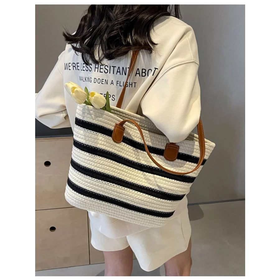 Striped Straw Tote Bag Beige / onesize Apparel and Accessories