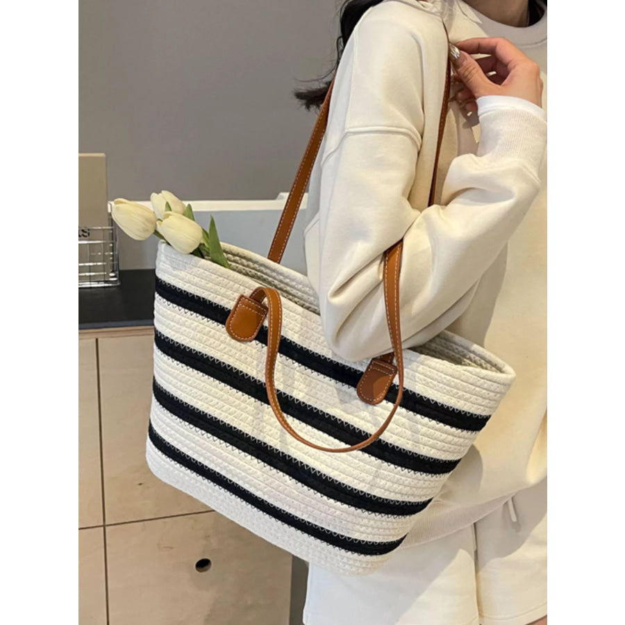 Striped Straw Tote Bag Beige / onesize Apparel and Accessories