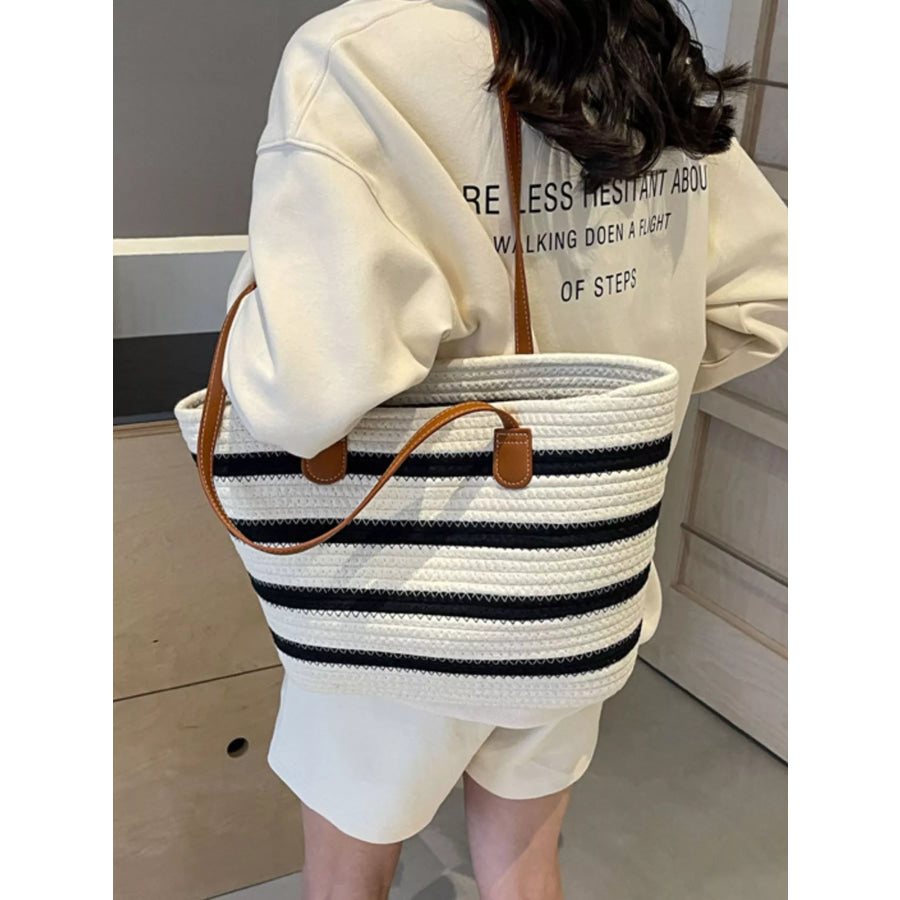 Striped Straw Tote Bag Beige / onesize Apparel and Accessories