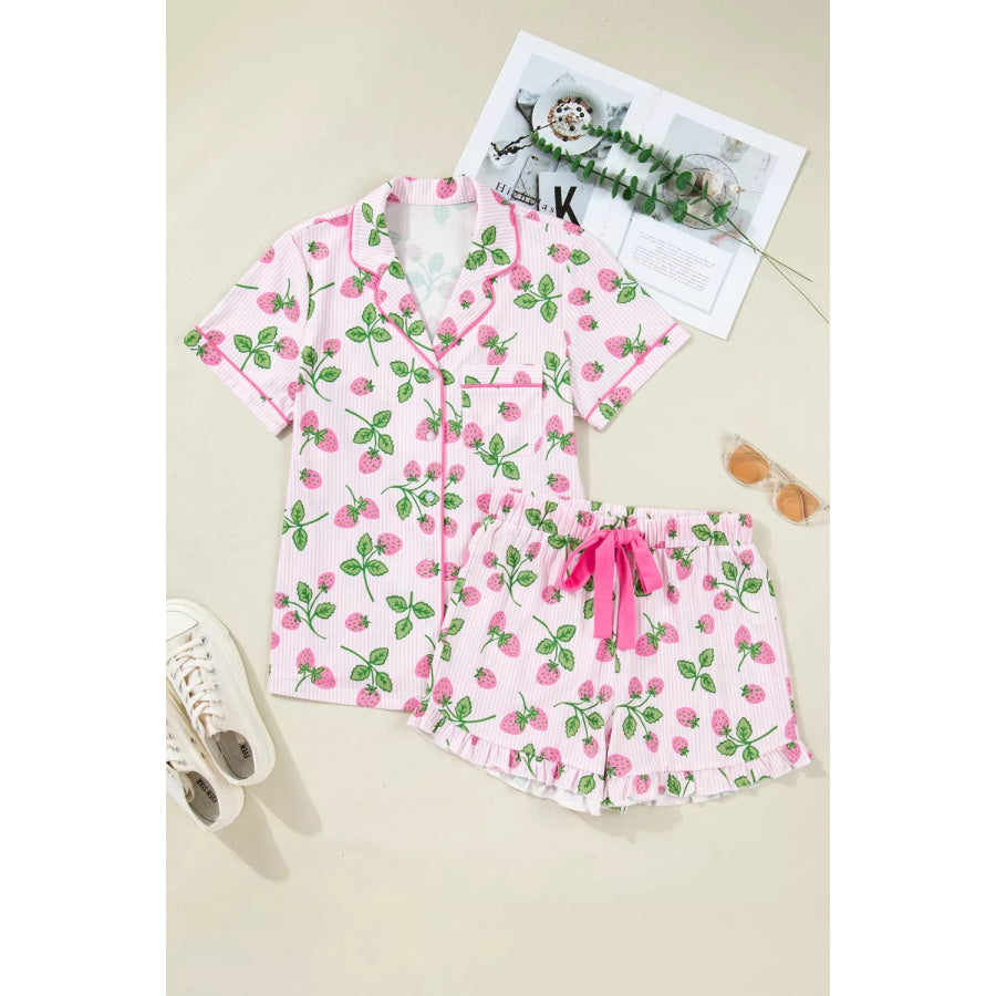 Striped Strawberry Print Lapel Shirt Drawstring Shorts 2pcs Pajama Set Apparel and Accessories