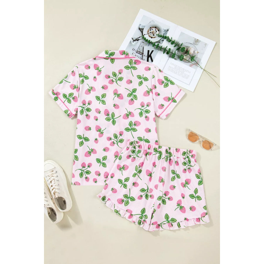 Striped Strawberry Print Lapel Shirt Drawstring Shorts 2pcs Pajama Set Apparel and Accessories