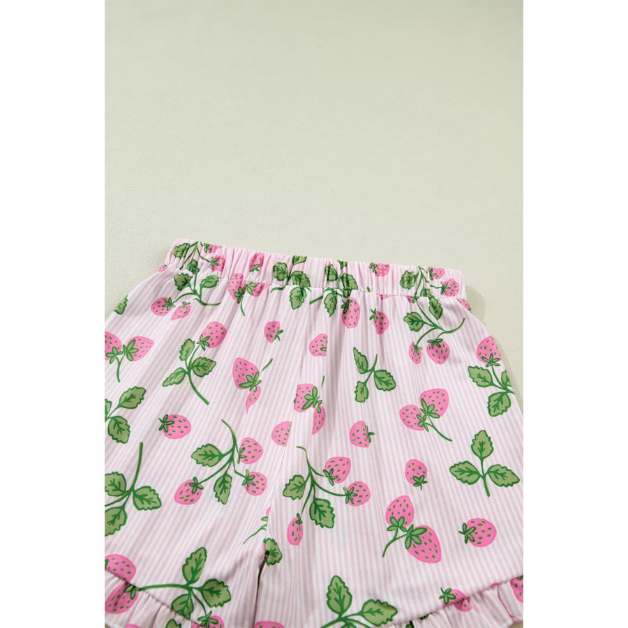 Striped Strawberry Print Lapel Shirt Drawstring Shorts 2pcs Pajama Set Apparel and Accessories