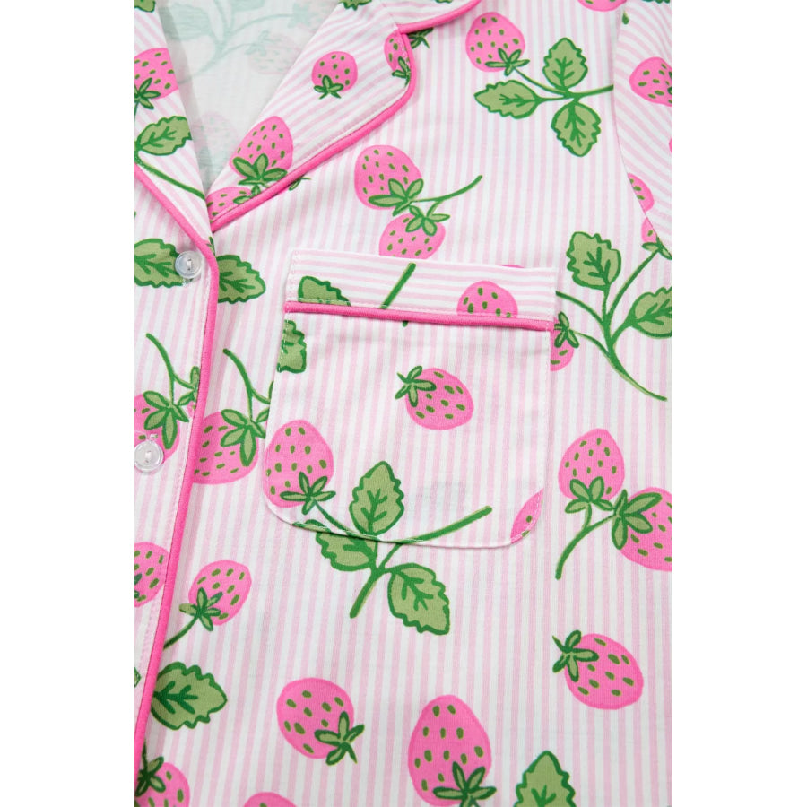Striped Strawberry Print Lapel Shirt Drawstring Shorts 2pcs Pajama Set Apparel and Accessories