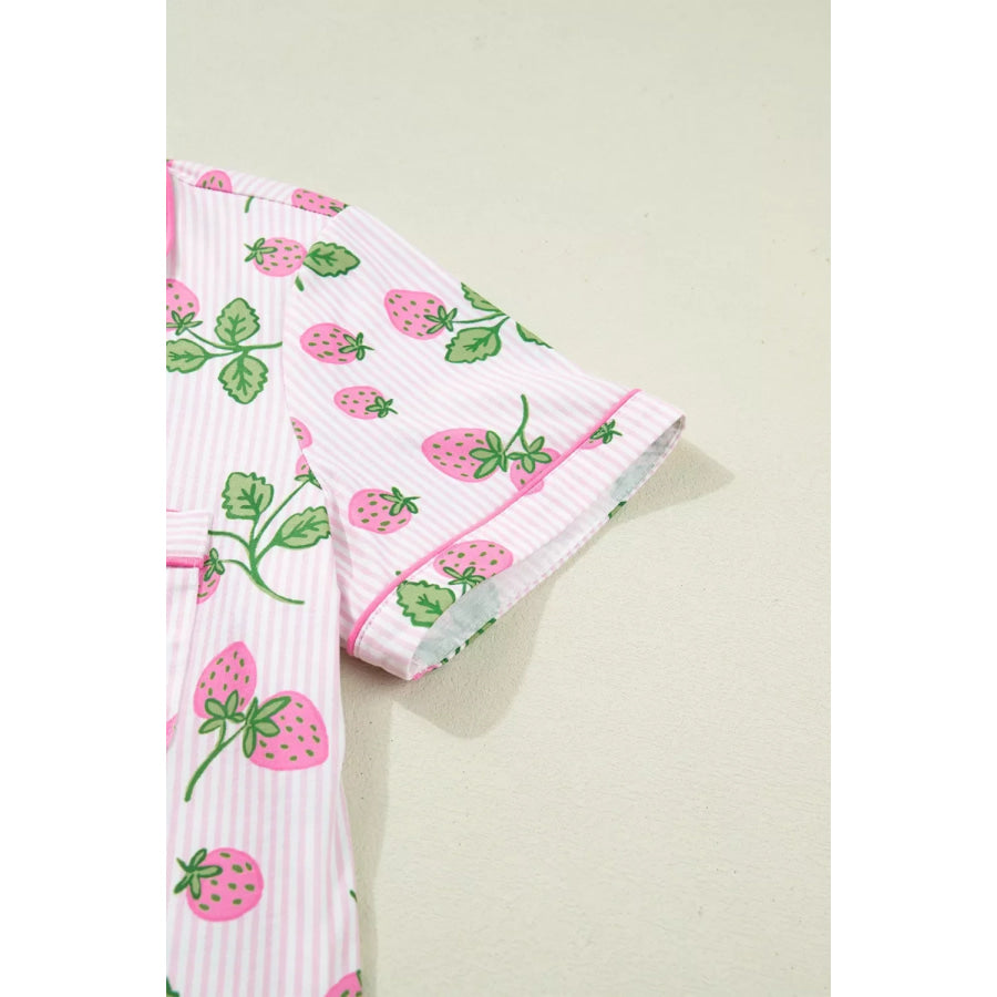 Striped Strawberry Print Lapel Shirt Drawstring Shorts 2pcs Pajama Set Apparel and Accessories