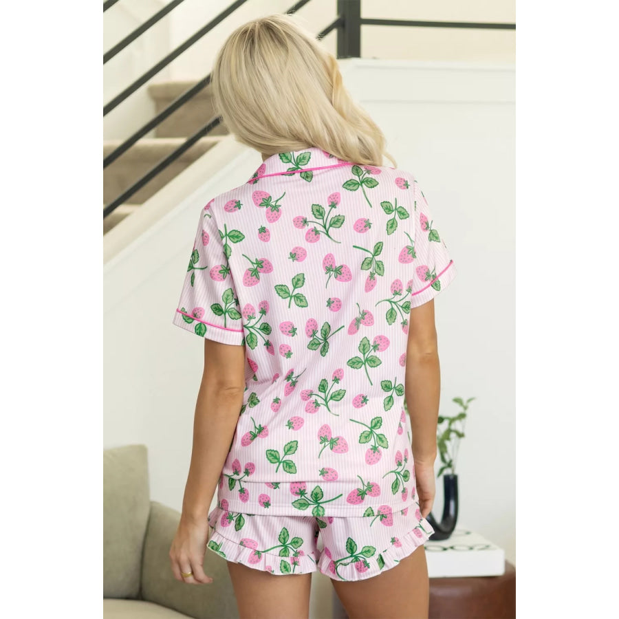 Striped Strawberry Print Lapel Shirt Drawstring Shorts 2pcs Pajama Set Apparel and Accessories