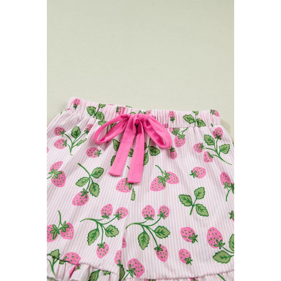 Striped Strawberry Print Lapel Shirt Drawstring Shorts 2pcs Pajama Set Apparel and Accessories