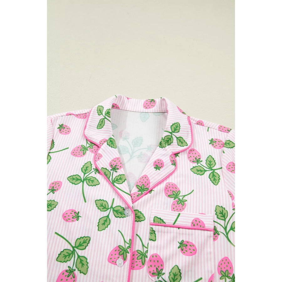 Striped Strawberry Print Lapel Shirt Drawstring Shorts 2pcs Pajama Set Apparel and Accessories