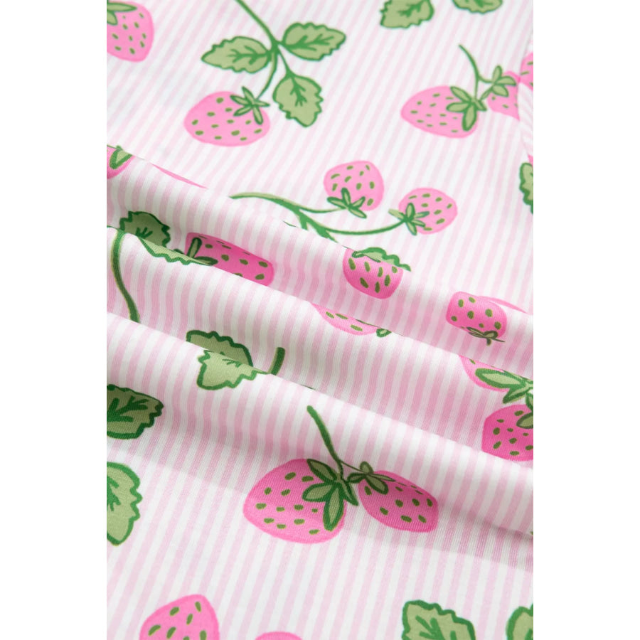 Striped Strawberry Print Lapel Shirt Drawstring Shorts 2pcs Pajama Set Apparel and Accessories