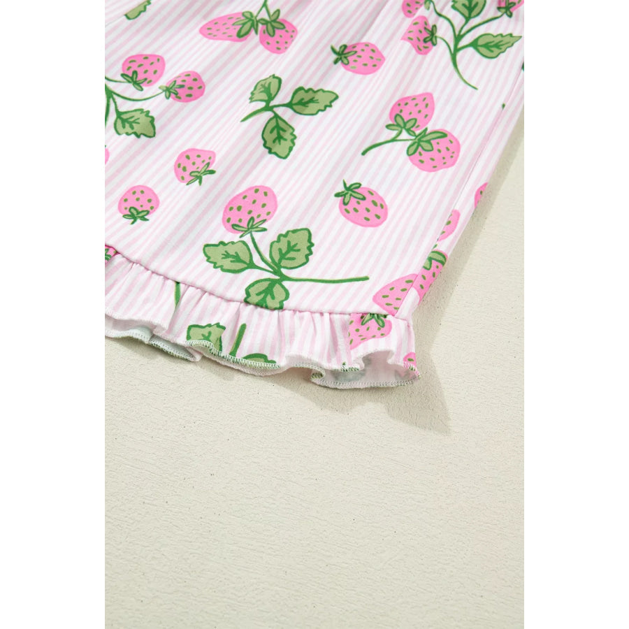 Striped Strawberry Print Lapel Shirt Drawstring Shorts 2pcs Pajama Set Apparel and Accessories