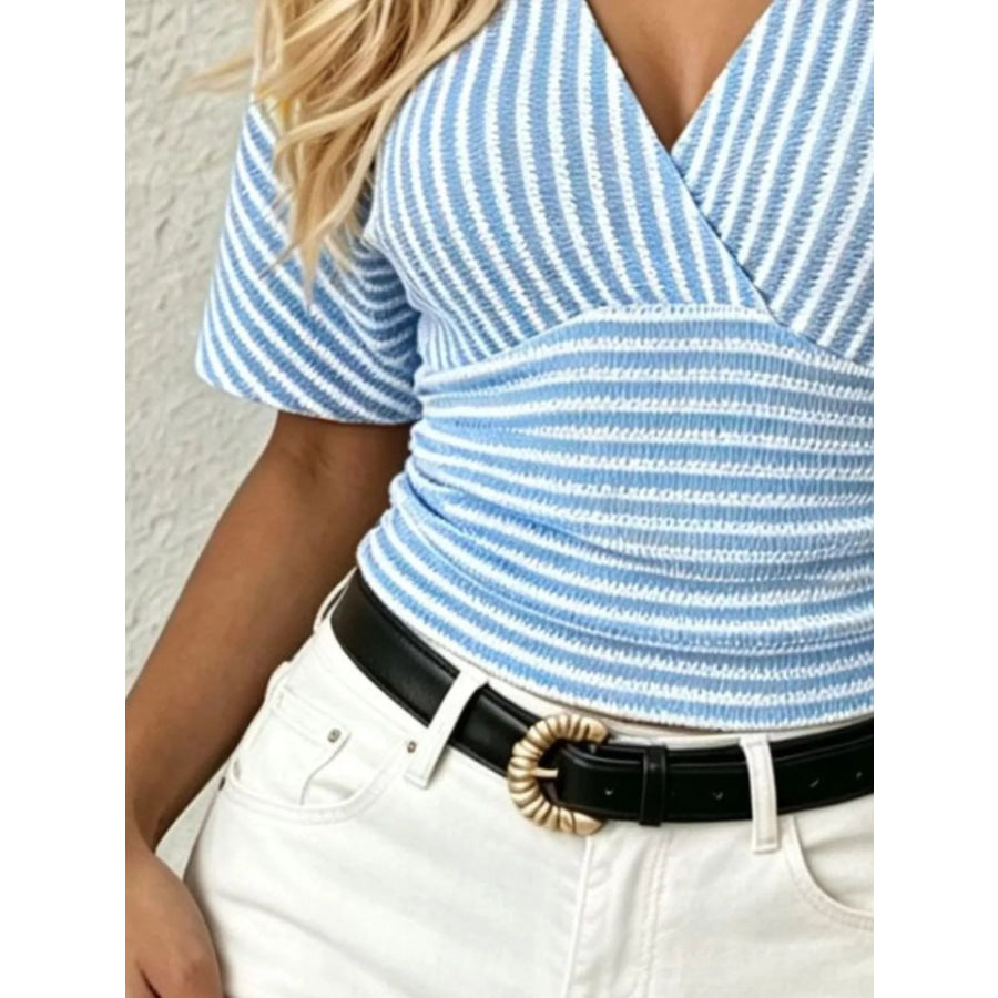 Striped Surplice Short Sleeve Top Apparel and Accessories