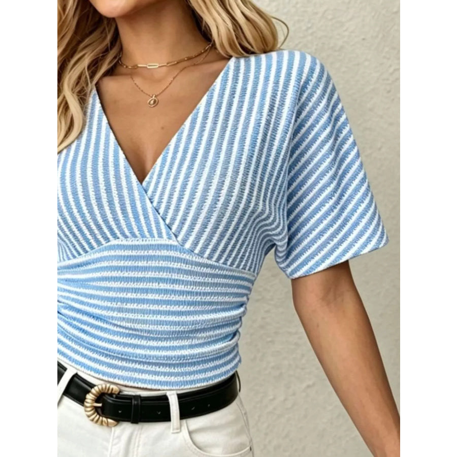 Striped Surplice Short Sleeve Top Apparel and Accessories