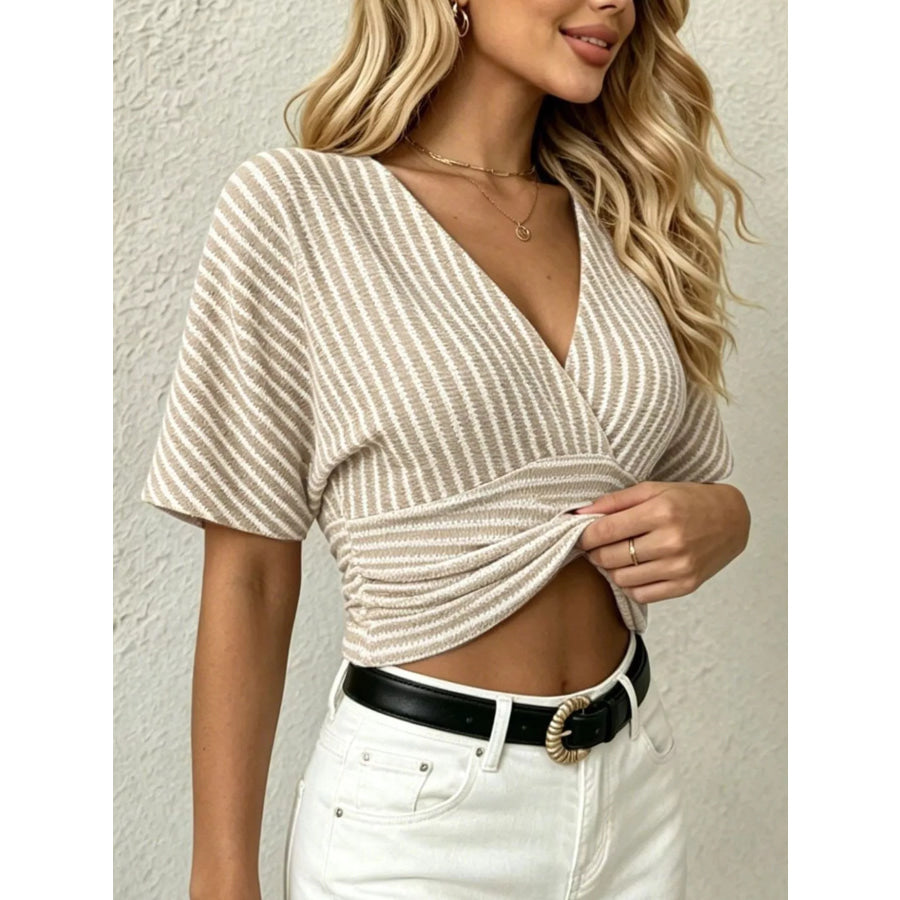 Striped Surplice Short Sleeve Top Apparel and Accessories
