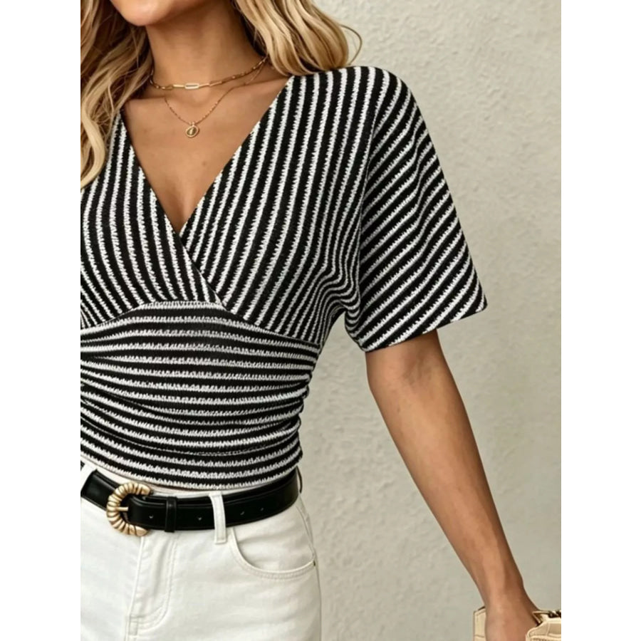 Striped Surplice Short Sleeve Top Apparel and Accessories