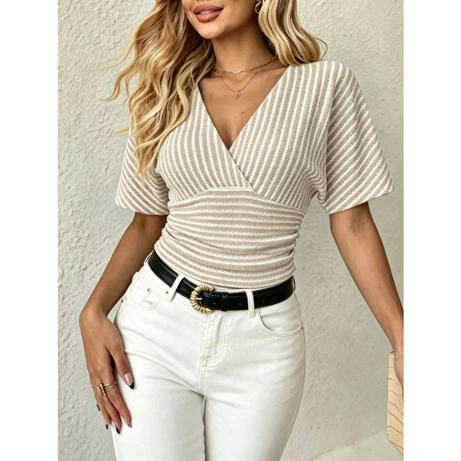 Striped Surplice Short Sleeve Top Apricot / S Apparel and Accessories