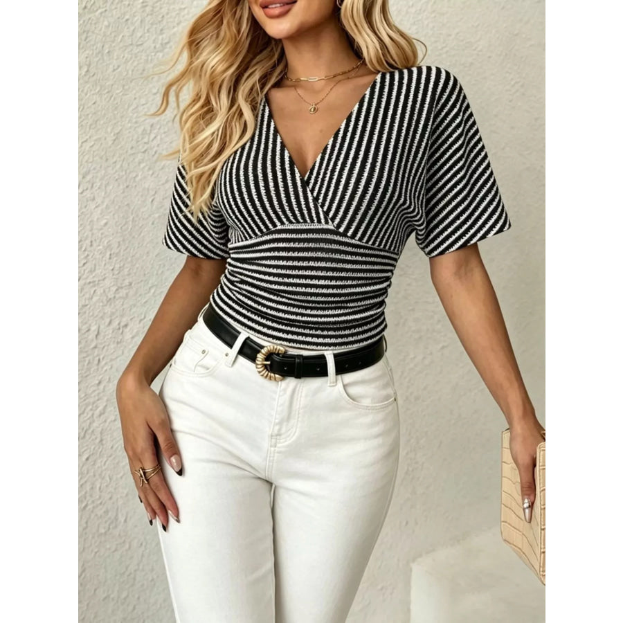 Striped Surplice Short Sleeve Top Black / S Apparel and Accessories