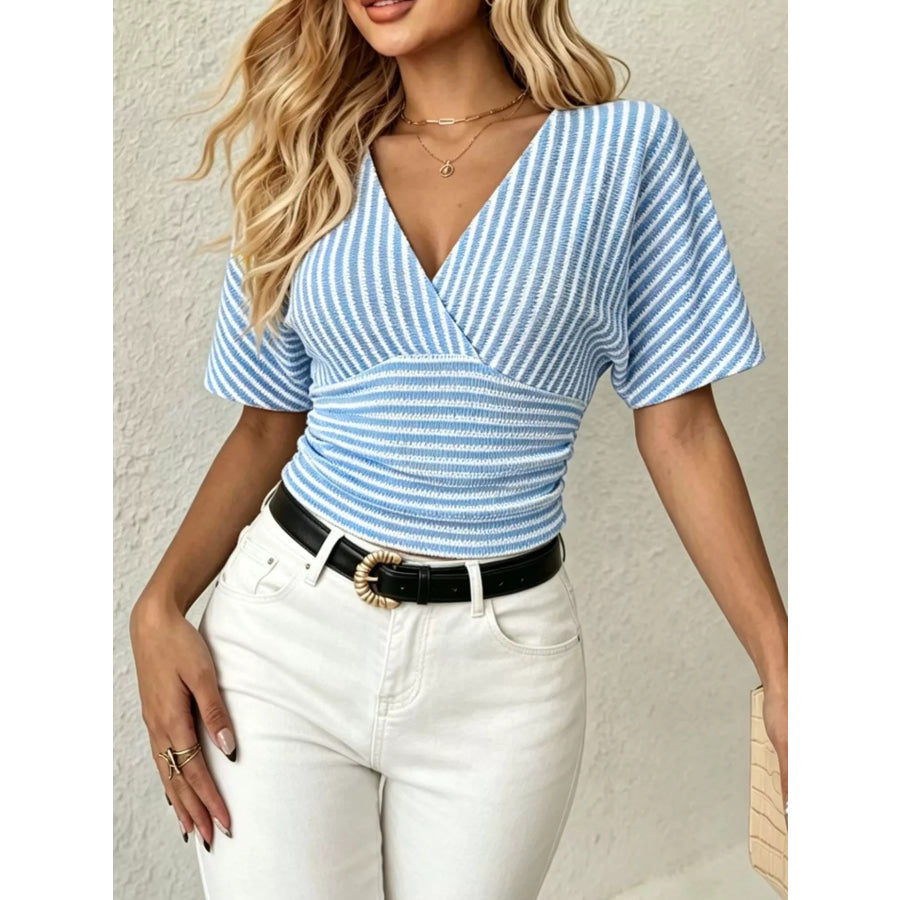Striped Surplice Short Sleeve Top Sky Blue / S Apparel and Accessories