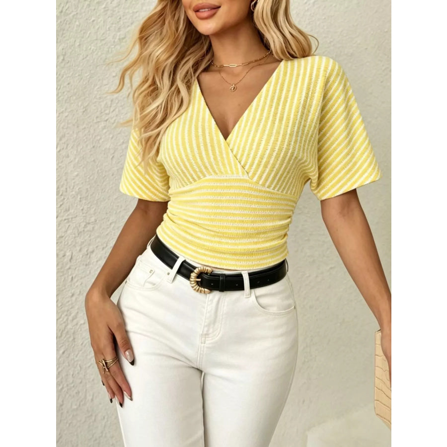 Striped Surplice Short Sleeve Top Yellow / S Apparel and Accessories