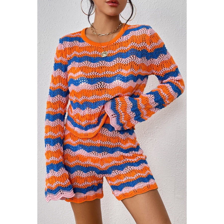 Striped Sweater and Knit Shorts Set Red Orange / S