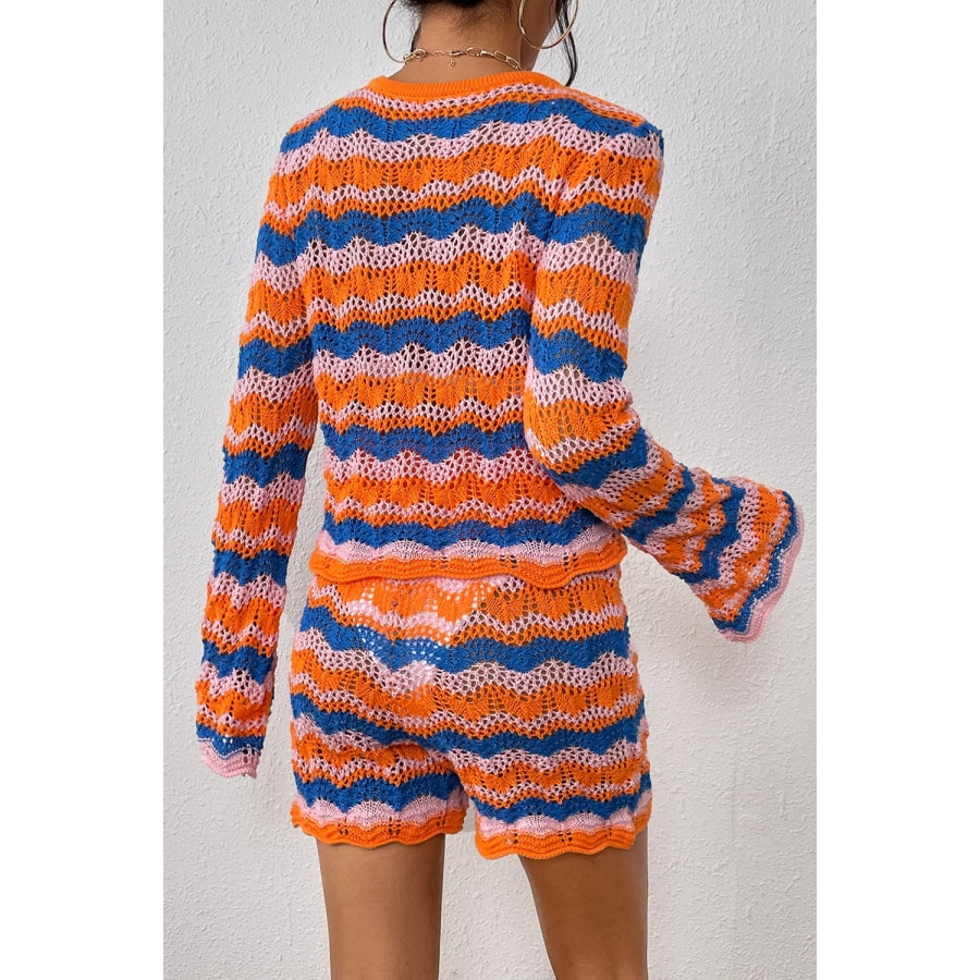 Striped Sweater and Knit Shorts Set Red Orange / S