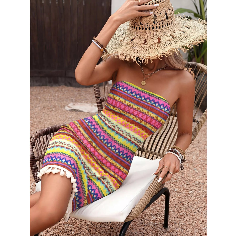 Striped Tassel Hem Tube Bodycon Dress Apparel and Accessories