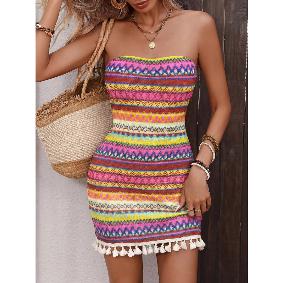 Striped Tassel Hem Tube Bodycon Dress Apparel and Accessories