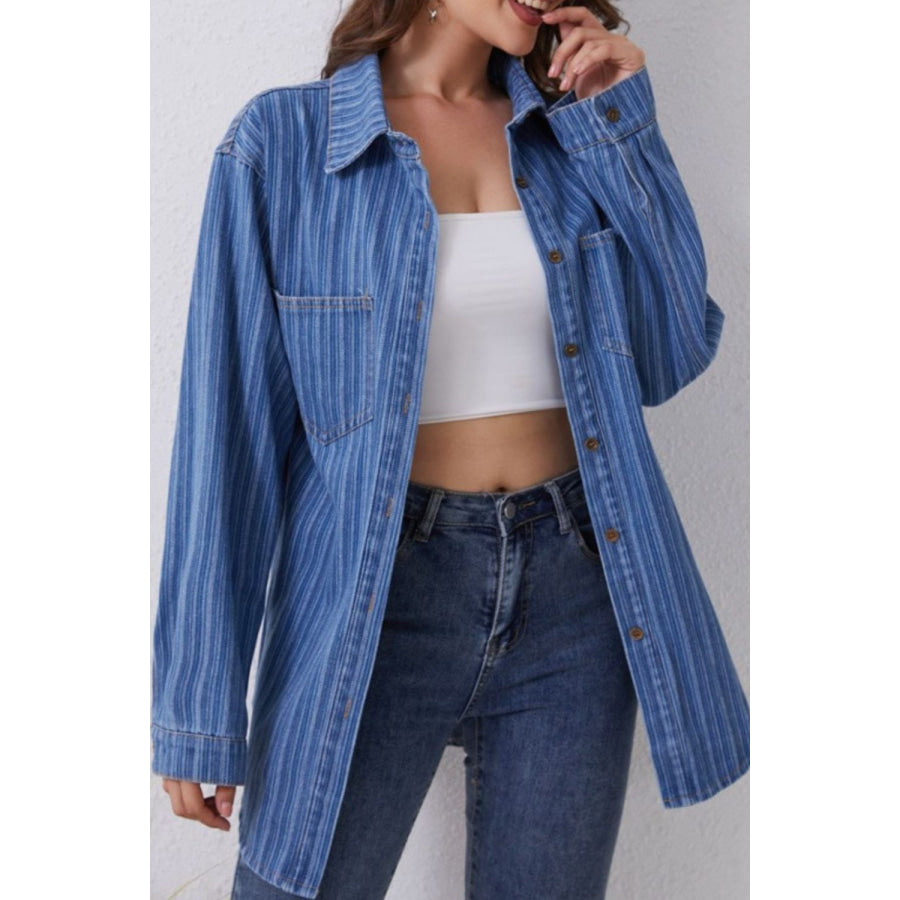 Striped Texture Collared Neck Denim Top Apparel and Accessories